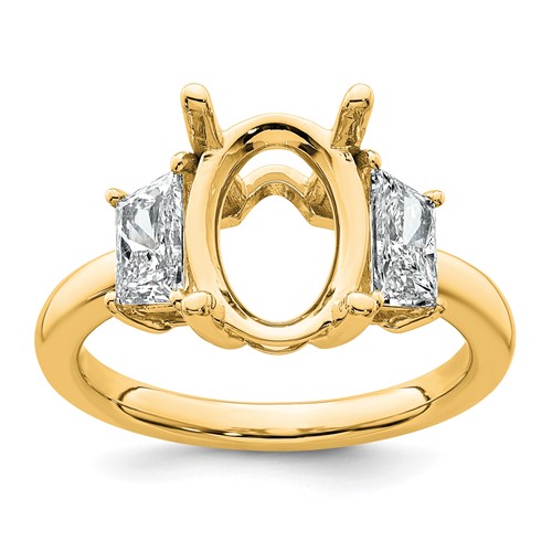 14K Yellow Gold 1 Carat Lab Grown Diamond VS+ F+ Trapezoid 3 Carat Oval Semi Mount Three Stone Engagement Ring