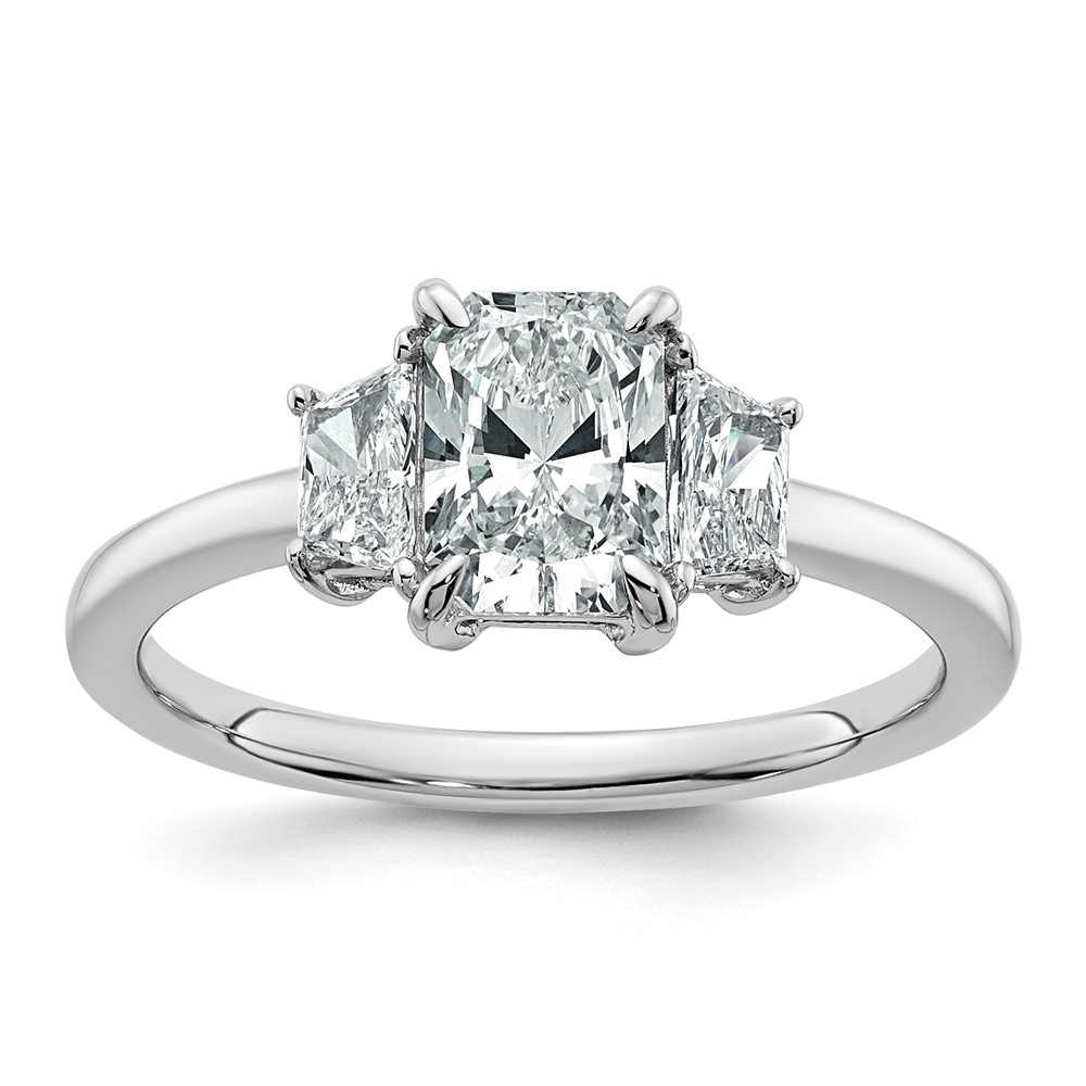 14K White Gold 1.38 Carat Certified Lab Grown Diamond VS+ F+ Radiant and Trapezoid Complete Three Stone Engagement Ring