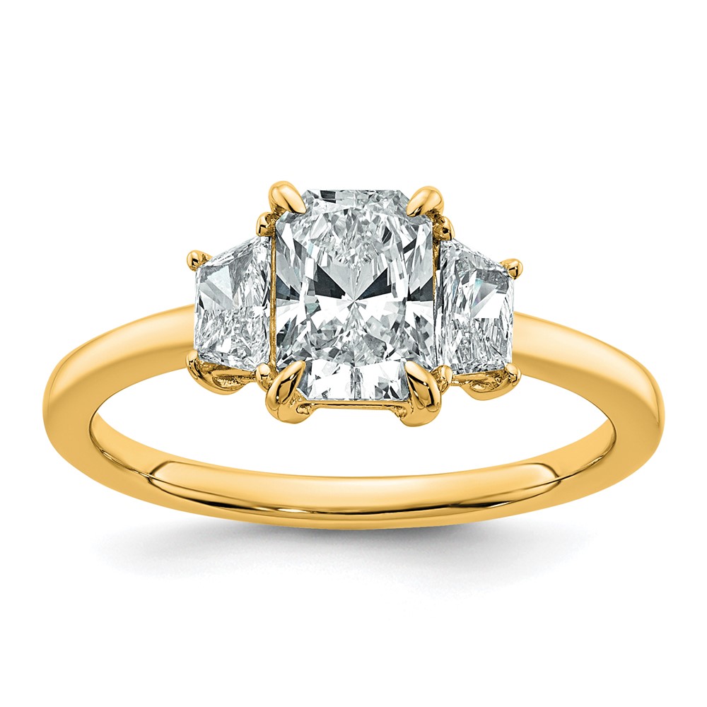 14K Yellow Gold 1.38 Carat Certified Lab Grown Diamond VS+ F+ Radiant and Trapezoid Complete Three Stone Engagement Ring