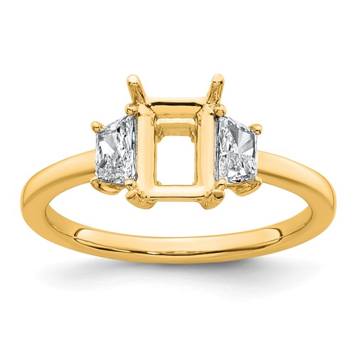 14K Yellow Gold 0.38 Carat Lab Grown Diamond VS+ F+ Trapezoid 1 Carat Radiant Center Semi Mount Three Stone Engagement Ring