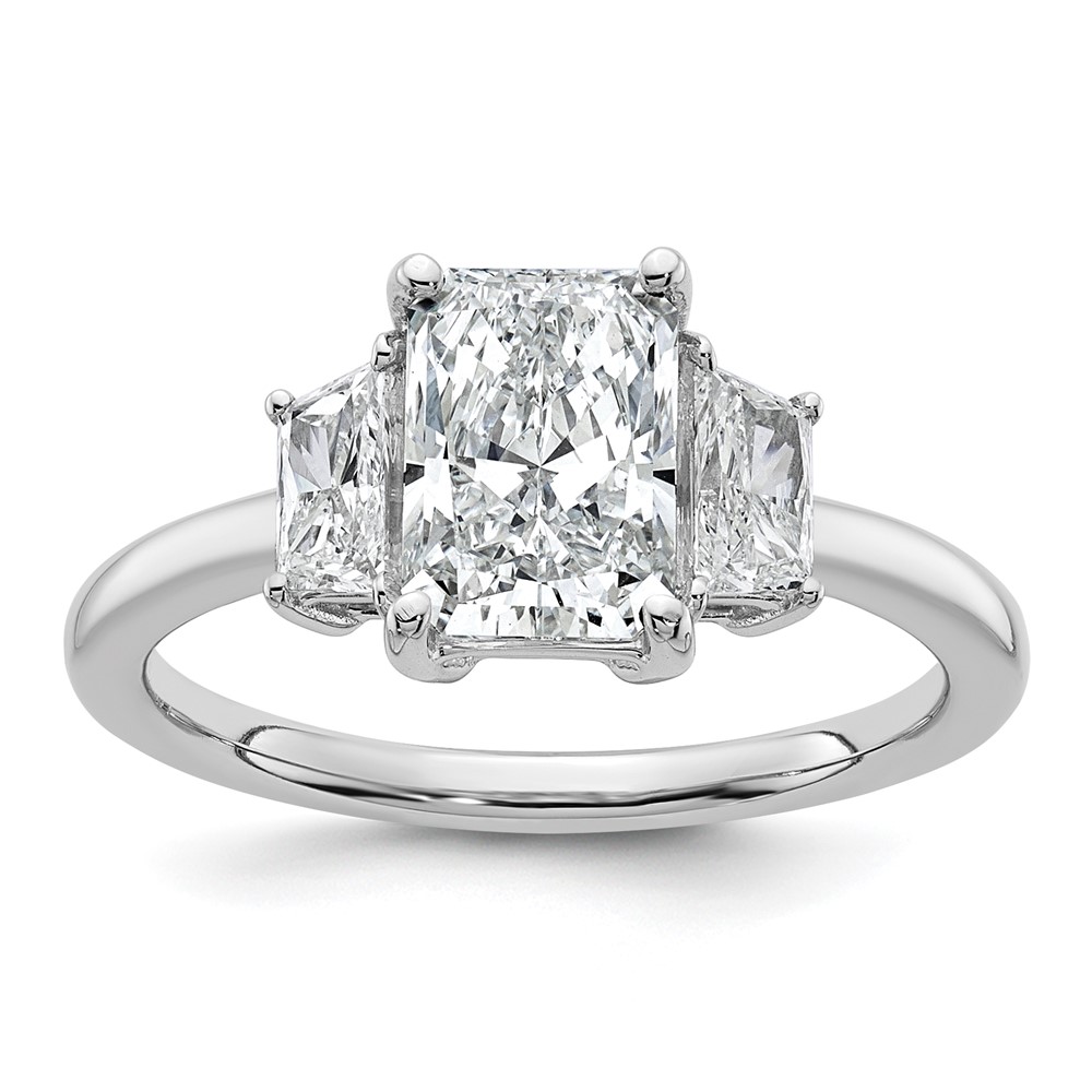 14K White Gold 2 Carat Certified Lab Grown Diamond VS+ F+ Radiant and Trapezoid Complete Three Stone Engagement Ring