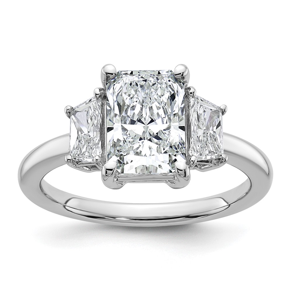 14K White Gold 2.75 Carat Lab Grown Diamond VS+ F+ Radiant and Trapezoid Complete Three Stone Engagement Ring