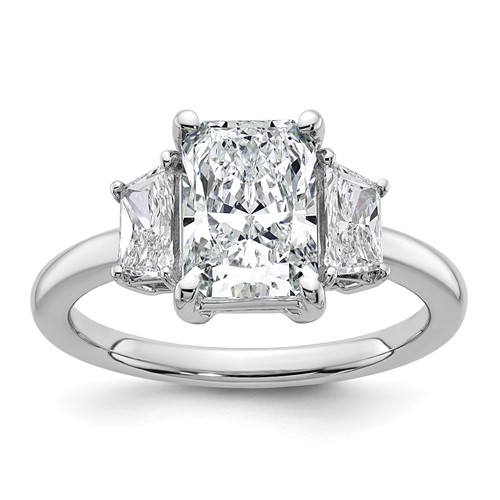 14K White Gold 2.75 Carat Lab Grown Diamond VS+ F+ Radiant and Trapezoid Complete Three Stone Engagement Ring