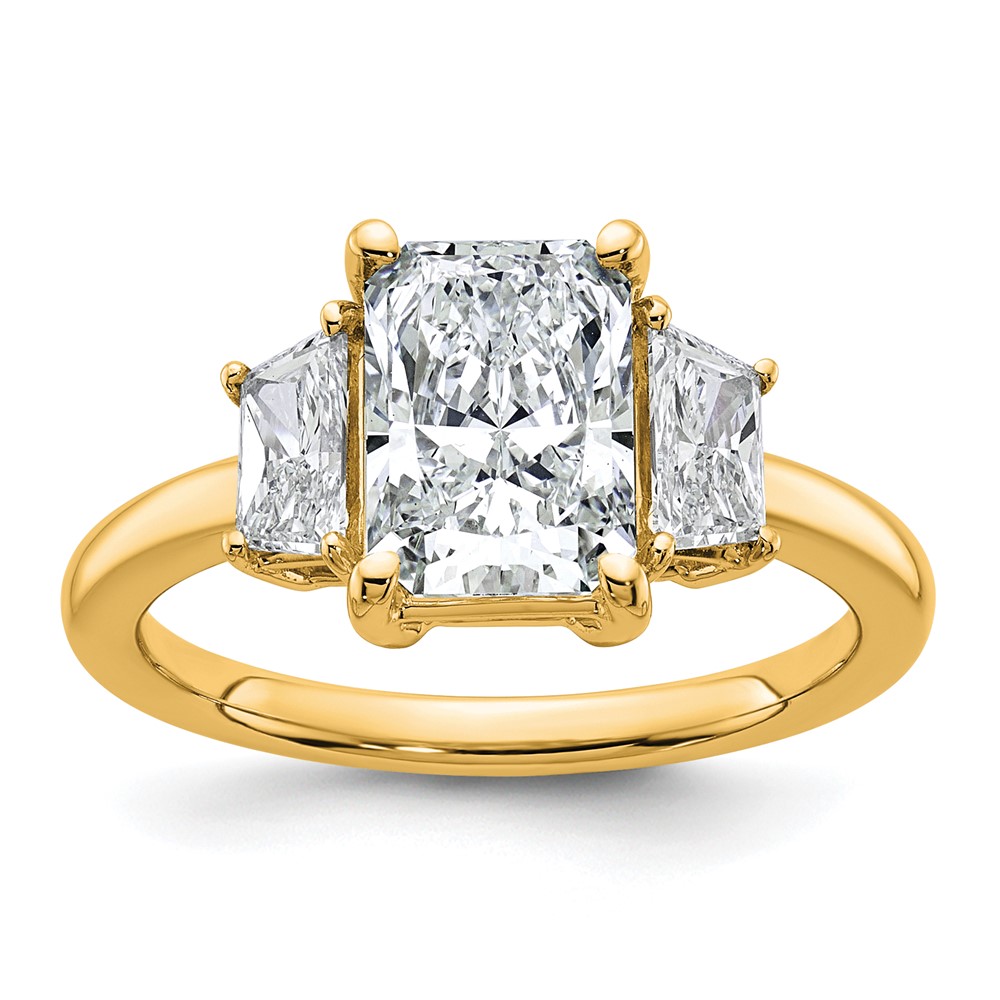 14K Yellow Gold 2.75 Carat Certified Lab Grown Diamond VS+ F+ Radiant and Trapezoid Complete Three Stone Engagement Ring