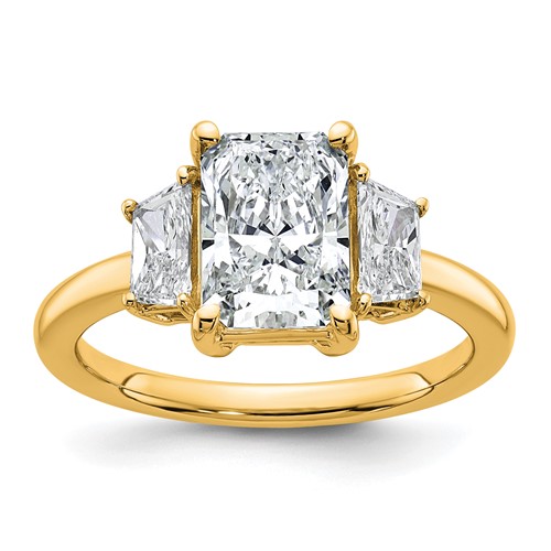 14K Yellow Gold 2.75 Carat Certified Lab Grown Diamond VS+ F+ Radiant and Trapezoid Complete Three Stone Engagement Ring