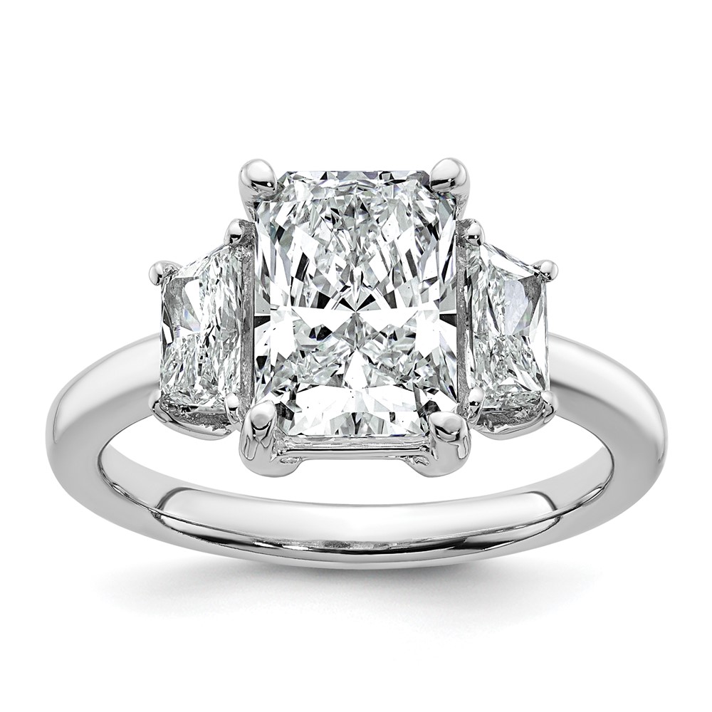14K White Gold 3.33 Carat Lab Grown Diamond VS+ F+ Radiant and Trapezoid Complete Three Stone Engagement Ring