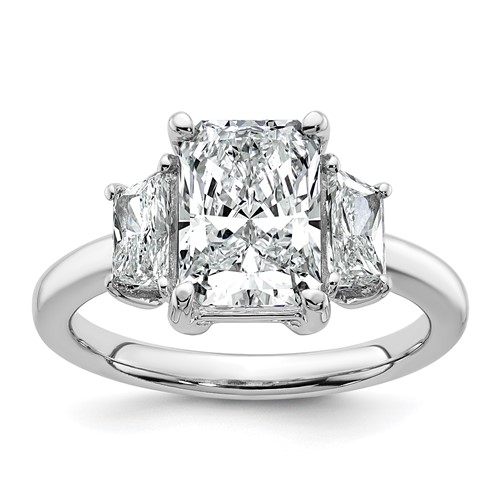 14K White Gold 3.33 Carat Lab Grown Diamond VS+ F+ Radiant and Trapezoid Complete Three Stone Engagement Ring