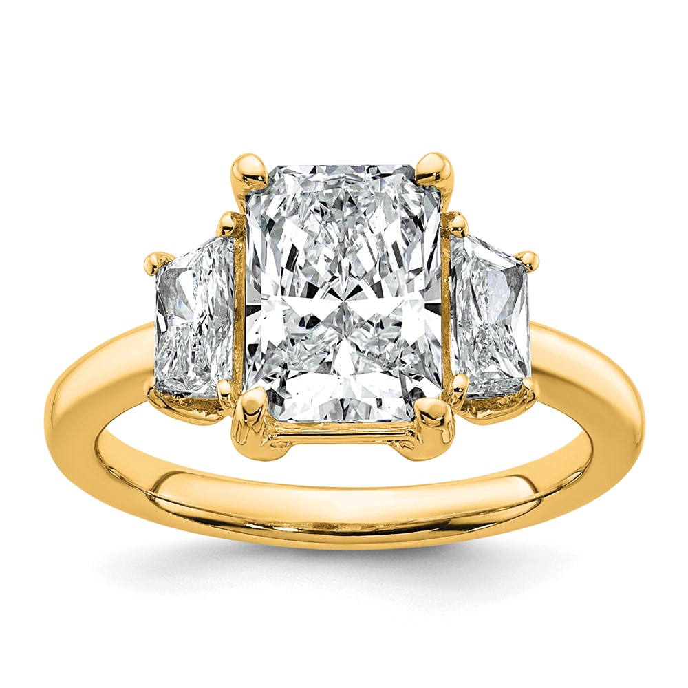 14K Yellow Gold 3.33 Carat Certified Lab Grown Diamond VS+ F+ Radiant and Trapezoid Complete Three Stone Engagement Ring