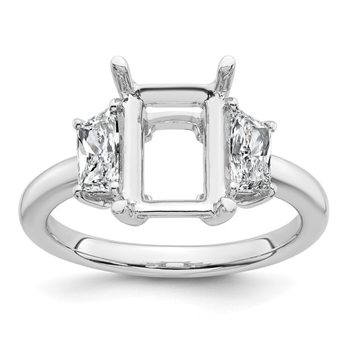14K White Gold 0.75 Carat Lab Grown Diamond VS+ F+ Trapezoid 2.50 Carat Radiant Center Semi Mount Three Stone Engagement Ring