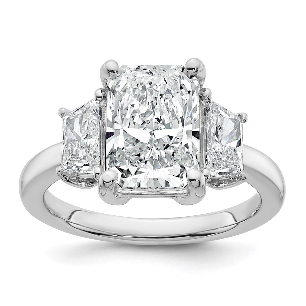14K White Gold 4 Carat Certified Lab Grown Diamond VS+ F+ Radiant and Trapezoid Complete Three Stone Engagement Ring