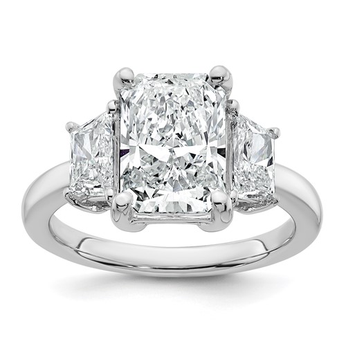 14K White Gold 4 Carat Certified Lab Grown Diamond VS+ F+ Radiant and Trapezoid Complete Three Stone Engagement Ring