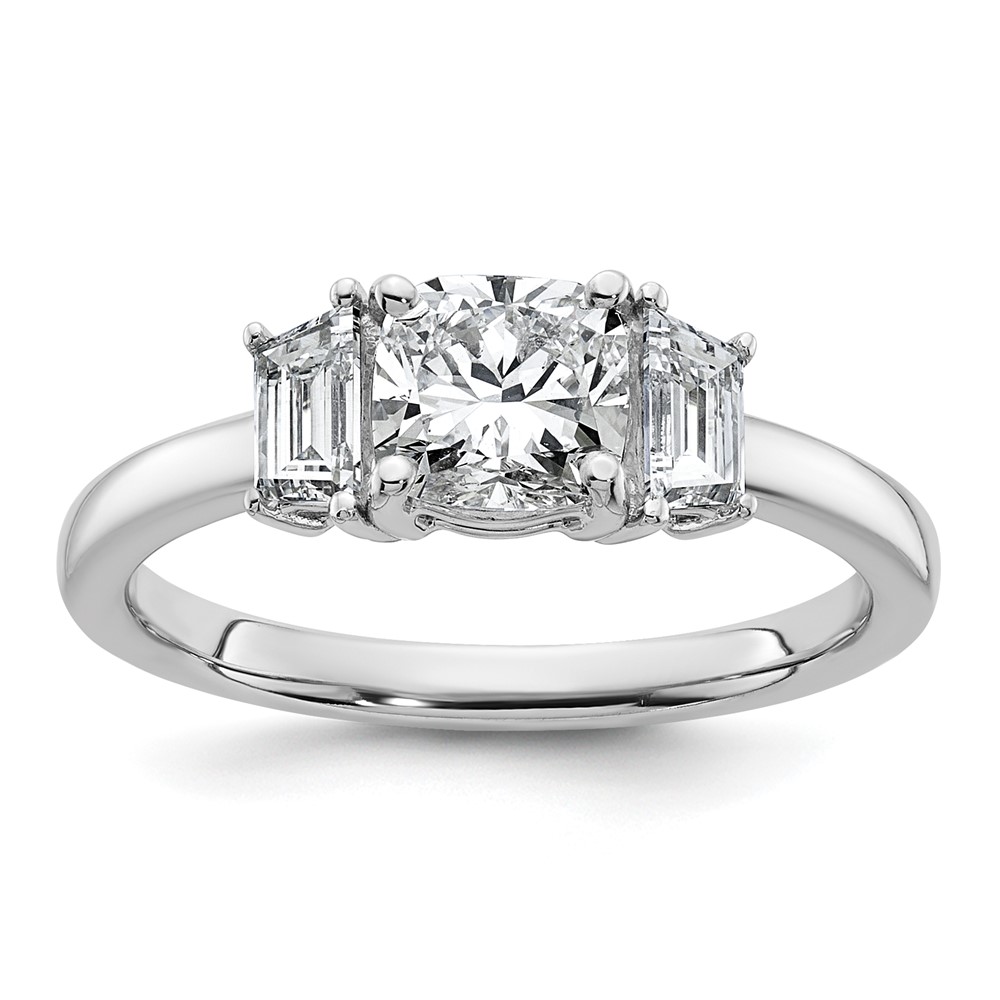 14K White Gold 1.38 Carat Certified Lab Grown Diamond VS+ F+ Cushion and Half Moon Complete Three Stone Engagement Ring