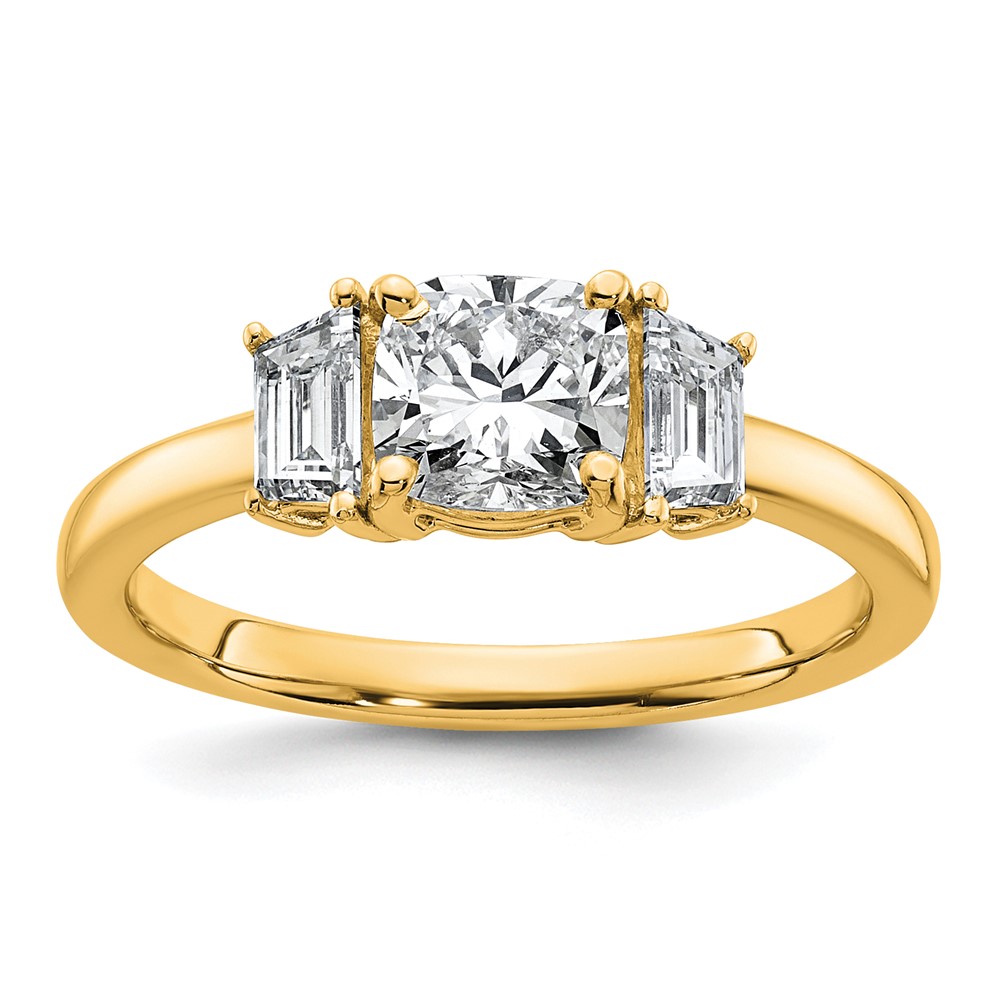 14K Yellow Gold 1.38 Carat Certified Lab Grown Diamond VS+ F+ Cushion and Half Moon Complete Three Stone Engagement Ring