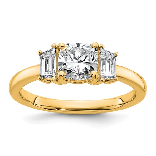 14K Yellow Gold 1.38 Carat Certified Lab Grown Diamond VS+ F+ Cushion and Half Moon Complete Three Stone Engagement Ring