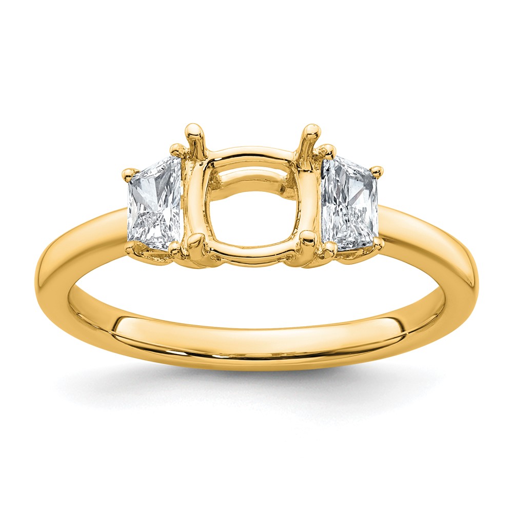 14K Yellow Gold 0.38 Carat Lab Grown Diamond VS+ F+ Half Moon 1 Carat Cushion Center Semi Mount Three Stone Engagement Ring