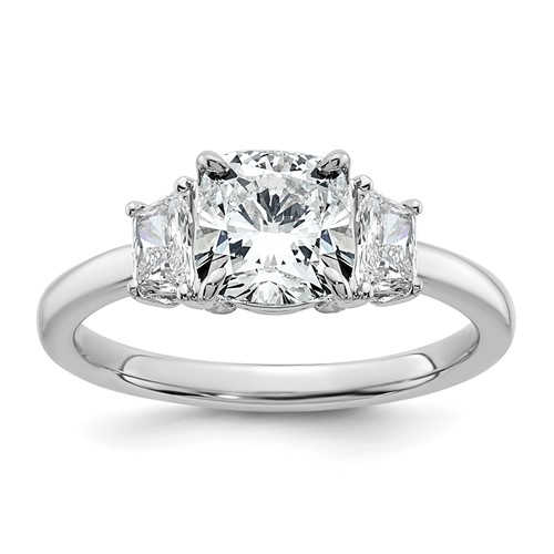 14K White Gold 1.88 Carat Certified Lab Grown Diamond VS+ F+ Cushion and Half Moon Complete Three Stone Engagement Ring
