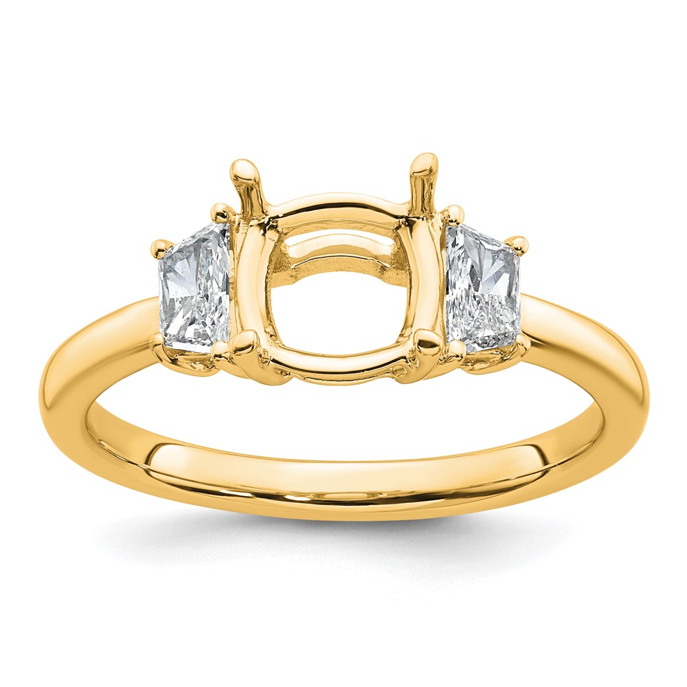 14K Yellow Gold 0.38 Carat Lab Grown Diamond VS+ F+ Half Moon 1.50 Carat Cushion Center Semi Mount Three Stone Engagement Ring