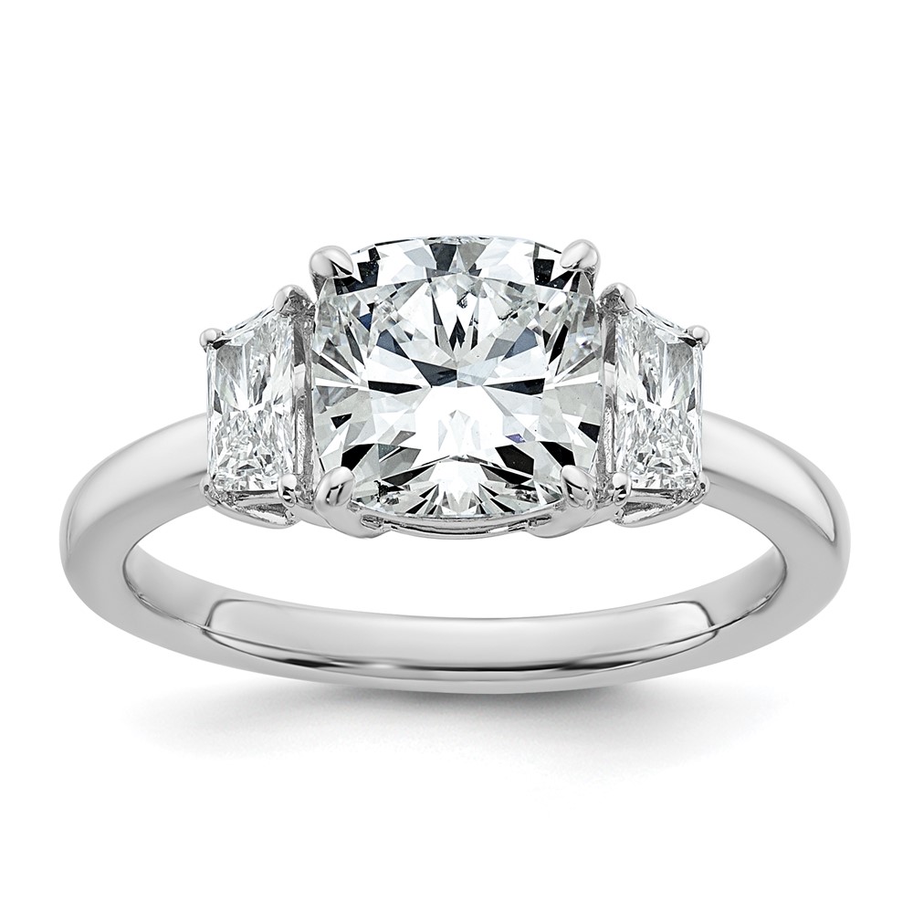 14K White Gold 2.50 Carat Lab Grown Diamond VS+ F+ Cushion and Half Moon Complete Three Stone Engagement Ring
