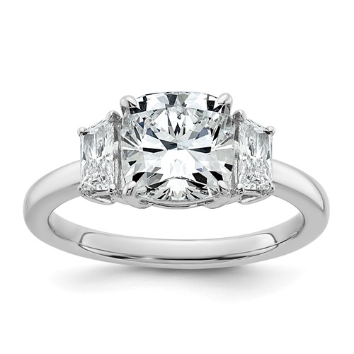 14K White Gold 2.50 Carat Certified Lab Grown Diamond VS+ F+ Cushion and Half Moon Complete Three Stone Engagement Ring