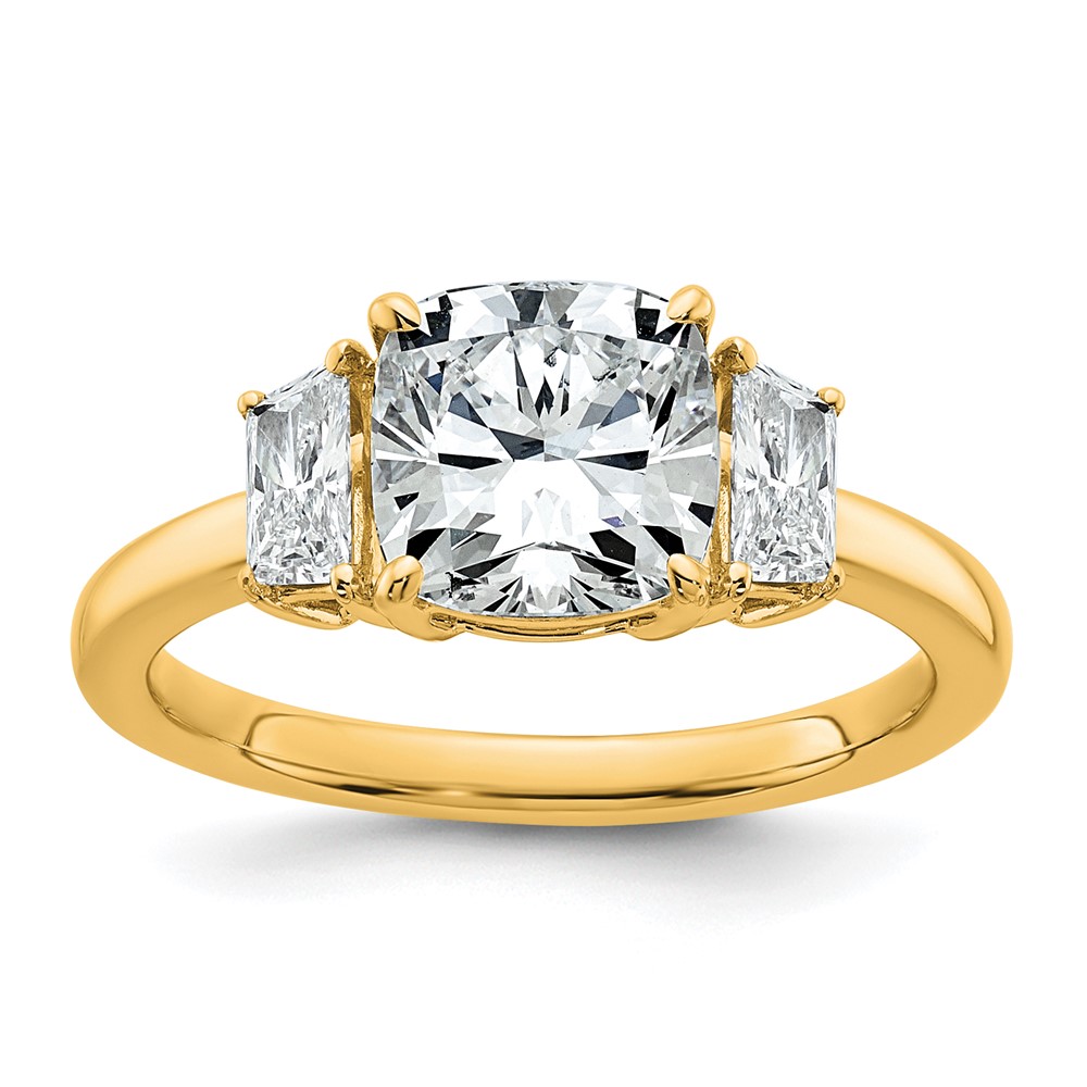 14K Yellow Gold 2.50 Carat Certified Lab Grown Diamond VS+ F+ Cushion and Half Moon Complete Three Stone Engagement Ring