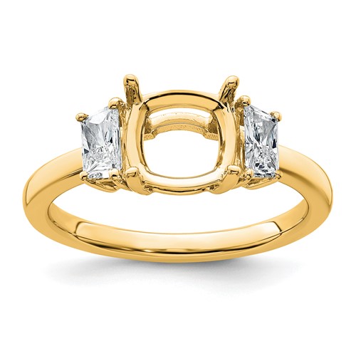 14K Yellow Gold 0.50 Carat Lab Grown Diamond VS+ F+ Half Moon 2 Carat Cushion Center Semi Mount Three Stone Engagement Ring
