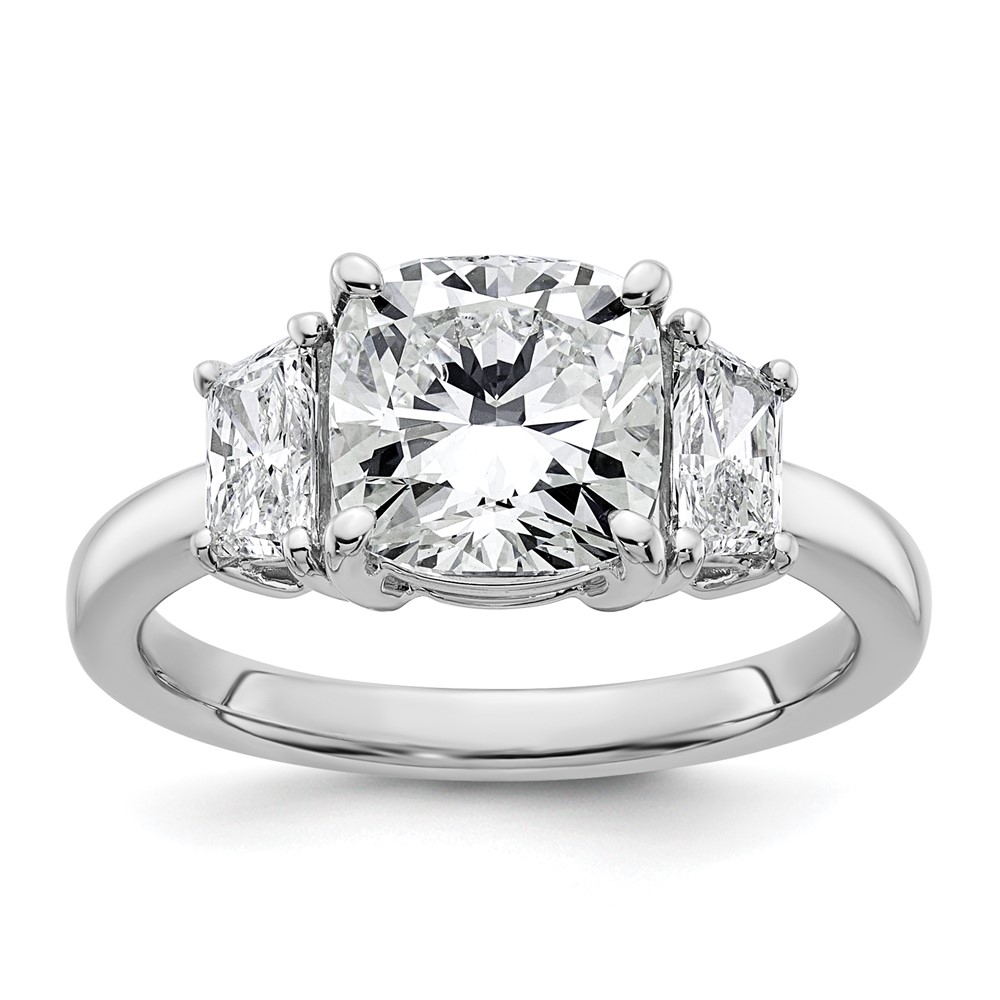 14K White Gold 3.12 Carat Lab Grown Diamond VS+ F+ Cushion and Half Moon Complete Three Stone Engagement Ring