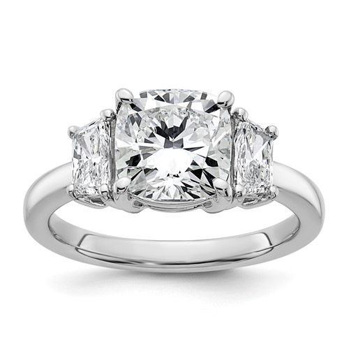 14K White Gold 3.12 Carat Lab Grown Diamond VS+ F+ Cushion and Half Moon Complete Three Stone Engagement Ring