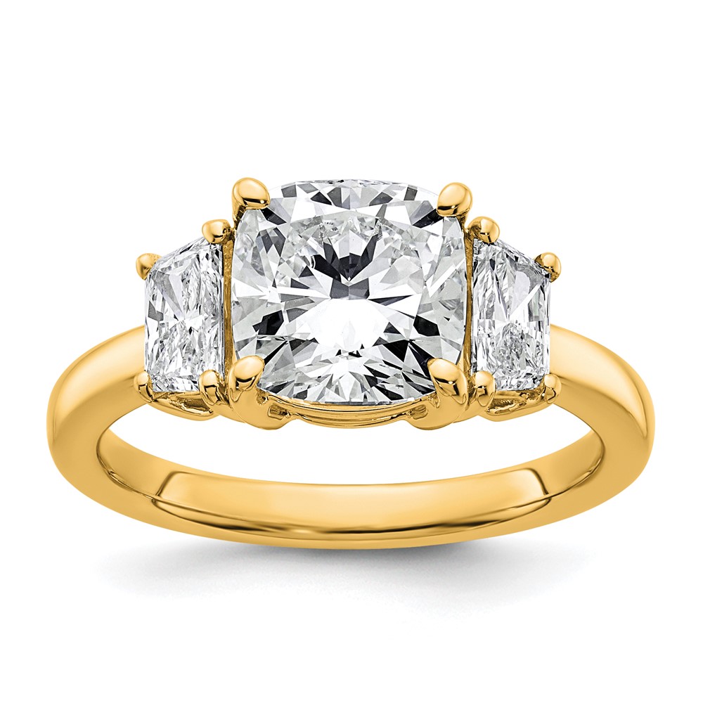 14K Yellow Gold 3.12 Carat Certified Lab Grown Diamond VS+ F+ Cushion and Half Moon Complete Three Stone Engagement Ring