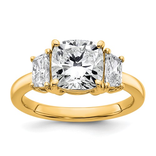 14K Yellow Gold 3.12 Carat Certified Lab Grown Diamond VS+ F+ Cushion and Half Moon Complete Three Stone Engagement Ring