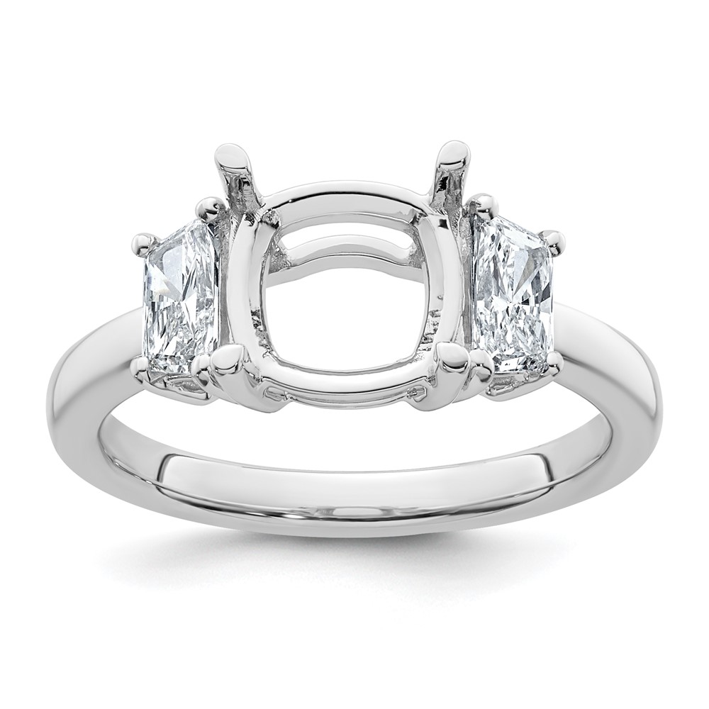 14K White Gold 0.75 Carat Lab Grown Diamond VS+ F+ Half Moon 2.50 Carat Cushion Center Semi Mount Three Stone Engagement Ring