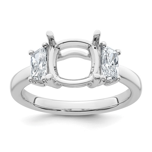 14K White Gold 0.75 Carat Lab Grown Diamond VS+ F+ Half Moon 2.50 Carat Cushion Center Semi Mount Three Stone Engagement Ring