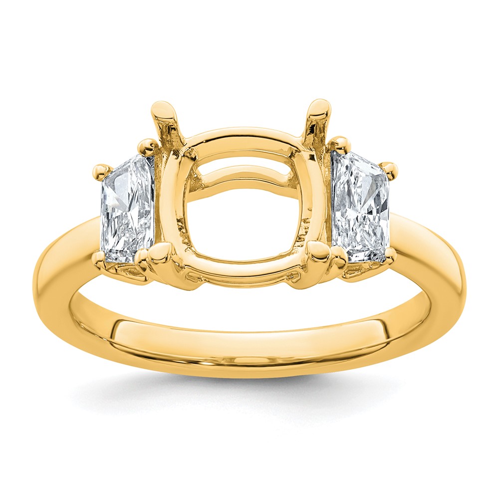 14K Yellow Gold 0.75 Carat Lab Grown Diamond VS+ F+ Half Moon 2.50 Carat Cushion Center Semi Mount Three Stone Engagement Ring