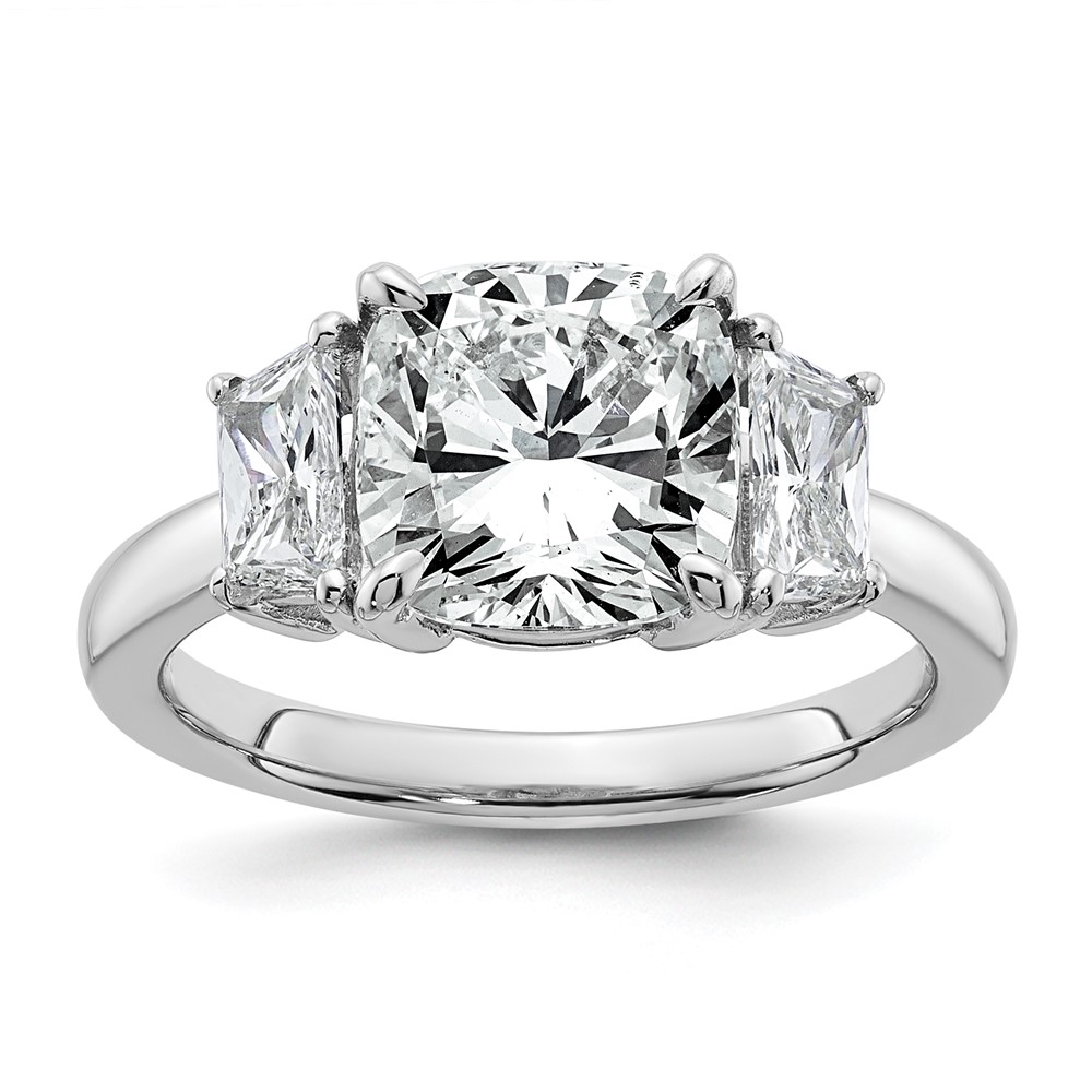 14K White Gold 3.75 Carat Certified Lab Grown Diamond VS+ F+ Cushion and Half Moon Complete Three Stone Engagement Ring
