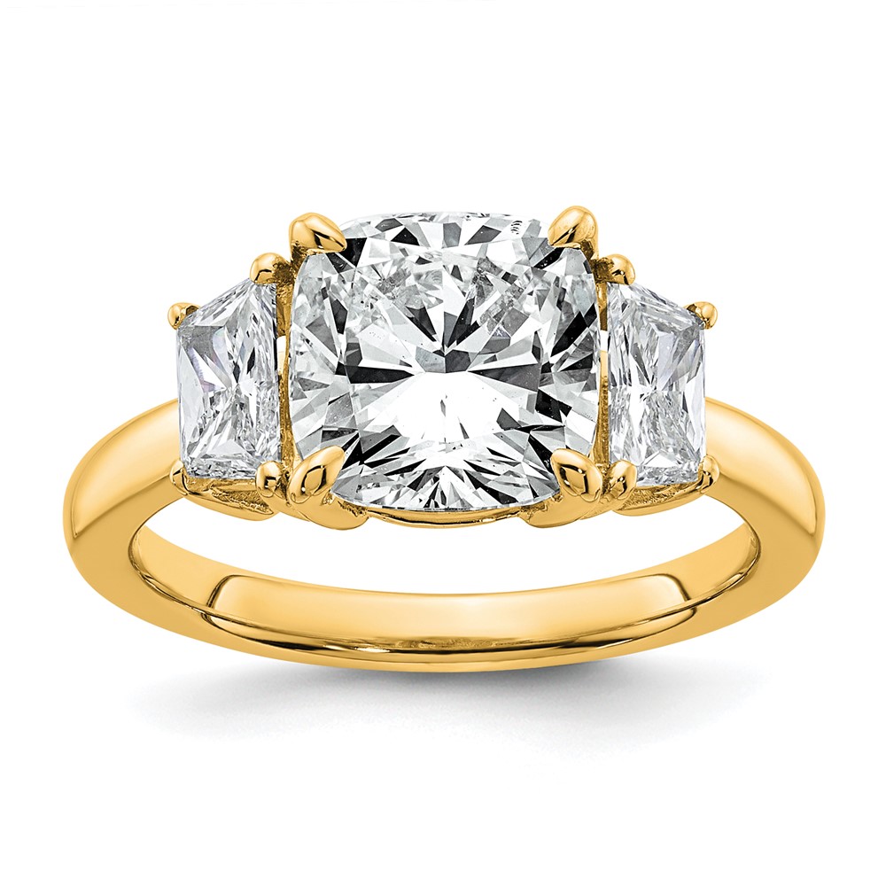 14K Yellow Gold 3.75 Carat Certified Lab Grown Diamond VS+ F+ Cushion and Half Moon Complete Three Stone Engagement Ring