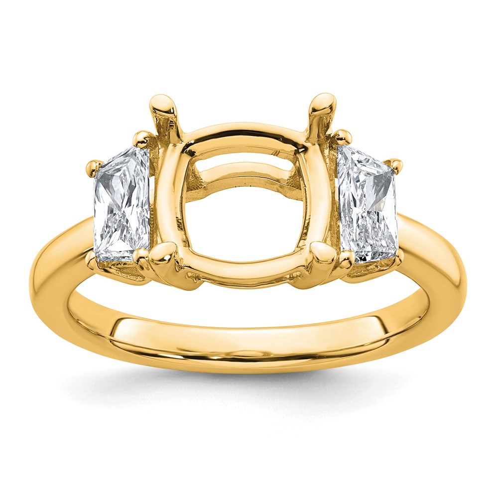 14K Yellow Gold 0.75 Carat Lab Grown Diamond VS+ F+ Half Moon 3 Carat Cushion Center Semi Mount Three Stone Engagement Ring