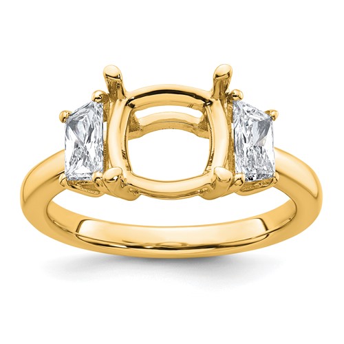 14K Yellow Gold 0.75 Carat Lab Grown Diamond VS+ F+ Half Moon 3 Carat Cushion Center Semi Mount Three Stone Engagement Ring