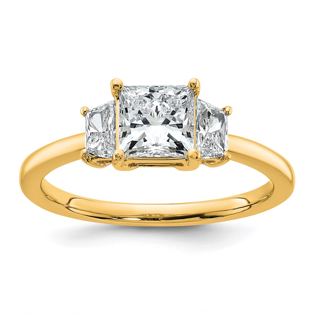 14K Yellow Gold 1.38 Carat Certified Lab Grown Diamond VS+ F+ Princess and Trapezoid Complete Three Stone Engagement Ring