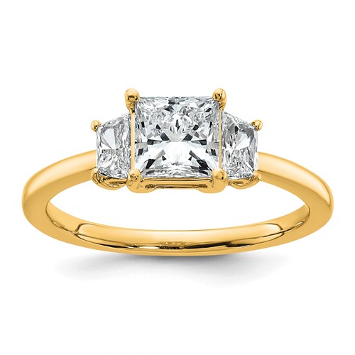 14K Yellow Gold 1.38 Carat Certified Lab Grown Diamond VS+ F+ Princess and Trapezoid Complete Three Stone Engagement Ring