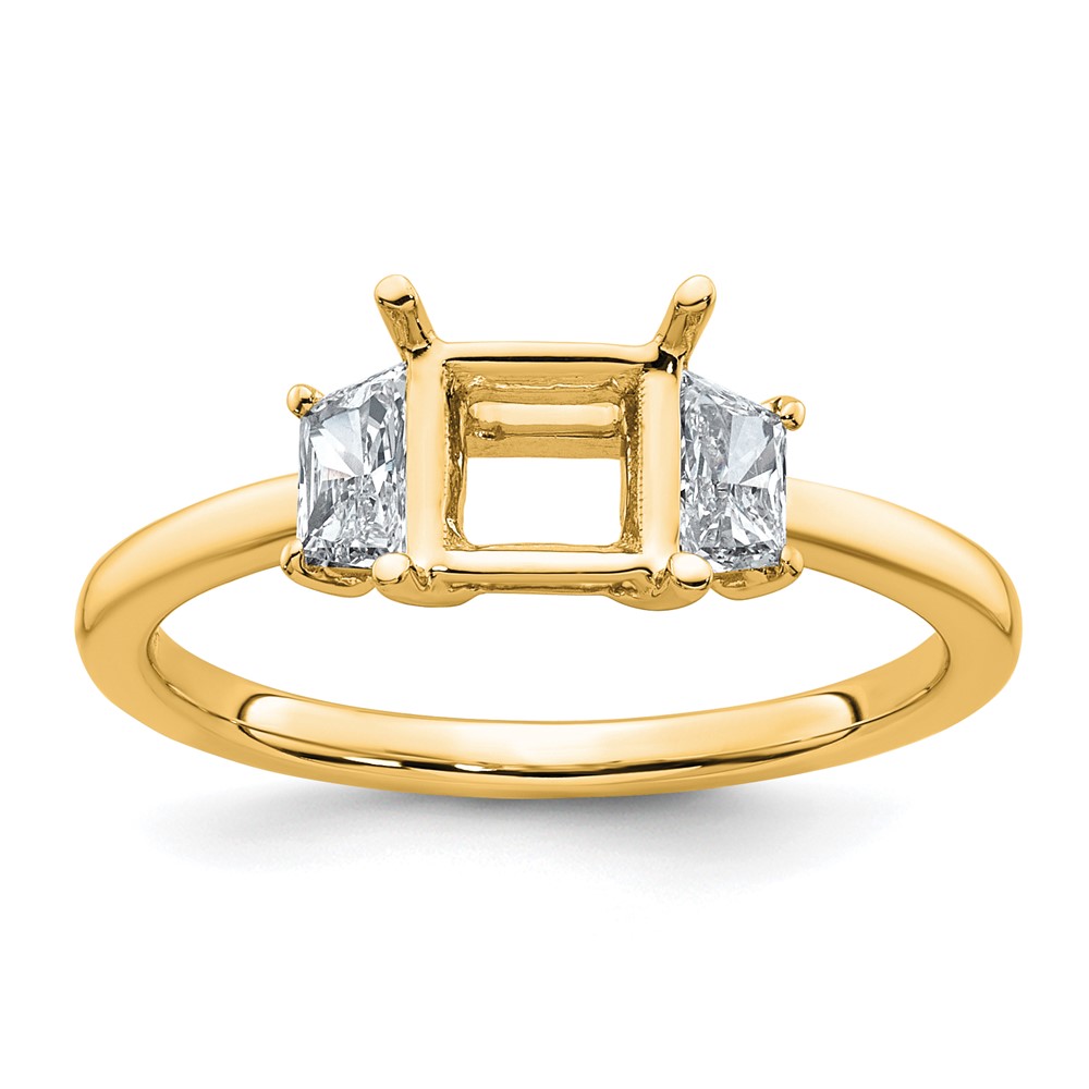 14K Yellow Gold 0.38 Carat Lab Grown Diamond VS+ F+ Trapezoid 1 Carat Princess Center Semi Mount Three Stone Engagement Ring