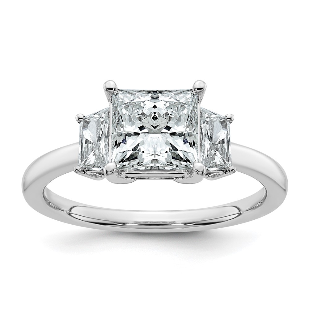 14K White Gold 2 Carat Lab Grown Diamond VS+ F+ Princess and Trapezoid Complete Three Stone Engagement Ring