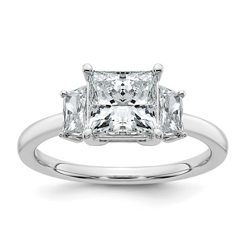 14K White Gold 2 Carat Certified Lab Grown Diamond VS+ F+ Princess and Trapezoid Complete Three Stone Engagement Ring