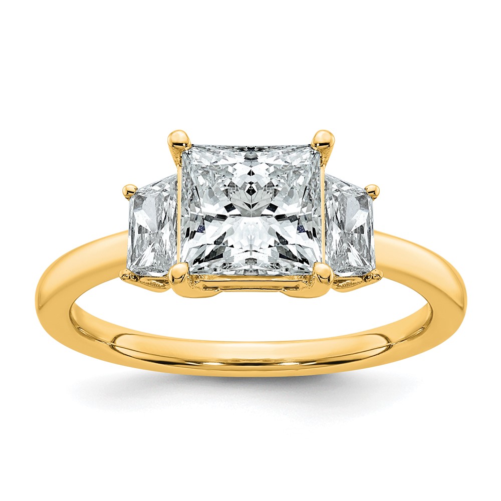 14K Yellow Gold 2 Carat Certified Lab Grown Diamond VS+ F+ Princess and Trapezoid Complete Three Stone Engagement Ring