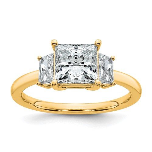 14K Yellow Gold 2 Carat Certified Lab Grown Diamond VS+ F+ Princess and Trapezoid Complete Three Stone Engagement Ring