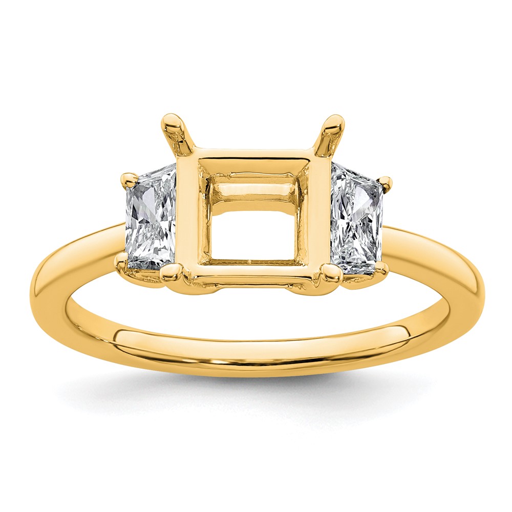 14K Yellow Gold 0.50 Carat Lab Grown Diamond VS+ F+ Trapezoid 1.50 Carat Princess Center Semi Mount Three Stone Engagement Ring