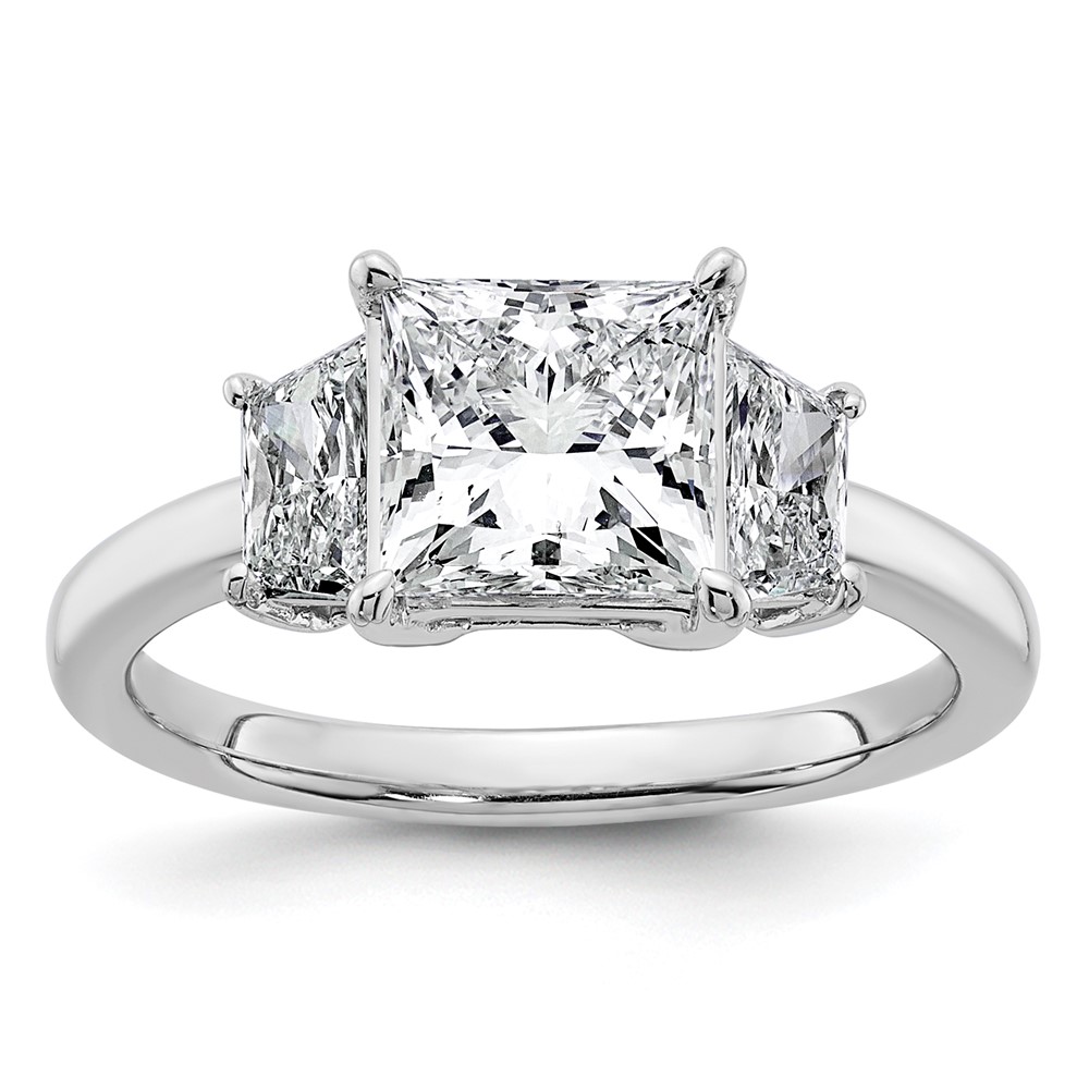 14K White Gold 2.75 Carat Certified Lab Grown Diamond VS+ F+ Princess and Trapezoid Complete Three Stone Engagement Ring