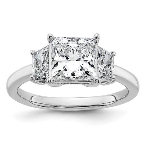 14K White Gold 2.75 Carat Certified Lab Grown Diamond VS+ F+ Princess and Trapezoid Complete Three Stone Engagement Ring