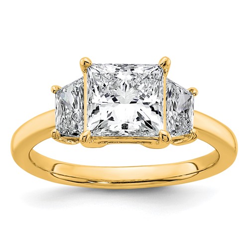 14K Yellow Gold 2.75 Carat Certified Lab Grown Diamond VS+ F+ Princess and Trapezoid Complete Three Stone Engagement Ring