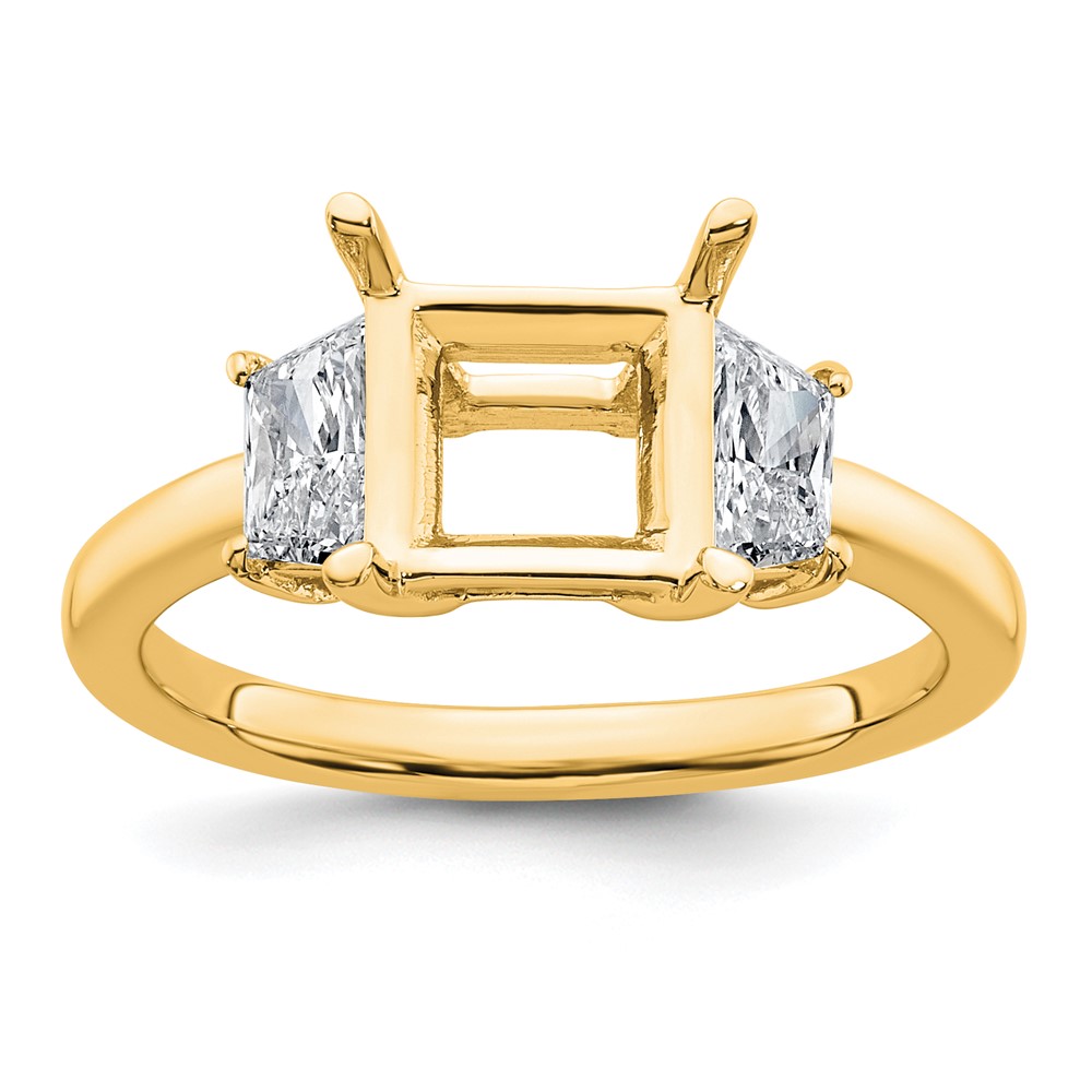 14K Yellow Gold 0.75 Carat Lab Grown Diamond VS+ F+ Trapezoid 2 Carat Princess Center Semi Mount Three Stone Engagement Ring