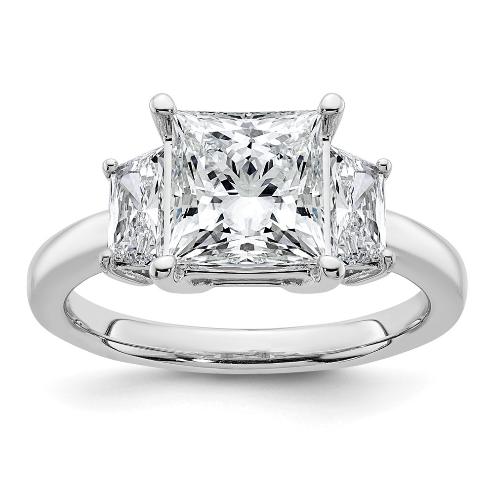 14K White Gold 3.33 Carat Certified Lab Grown Diamond VS+ F+ Princess and Trapezoid Complete Three Stone Engagement Ring