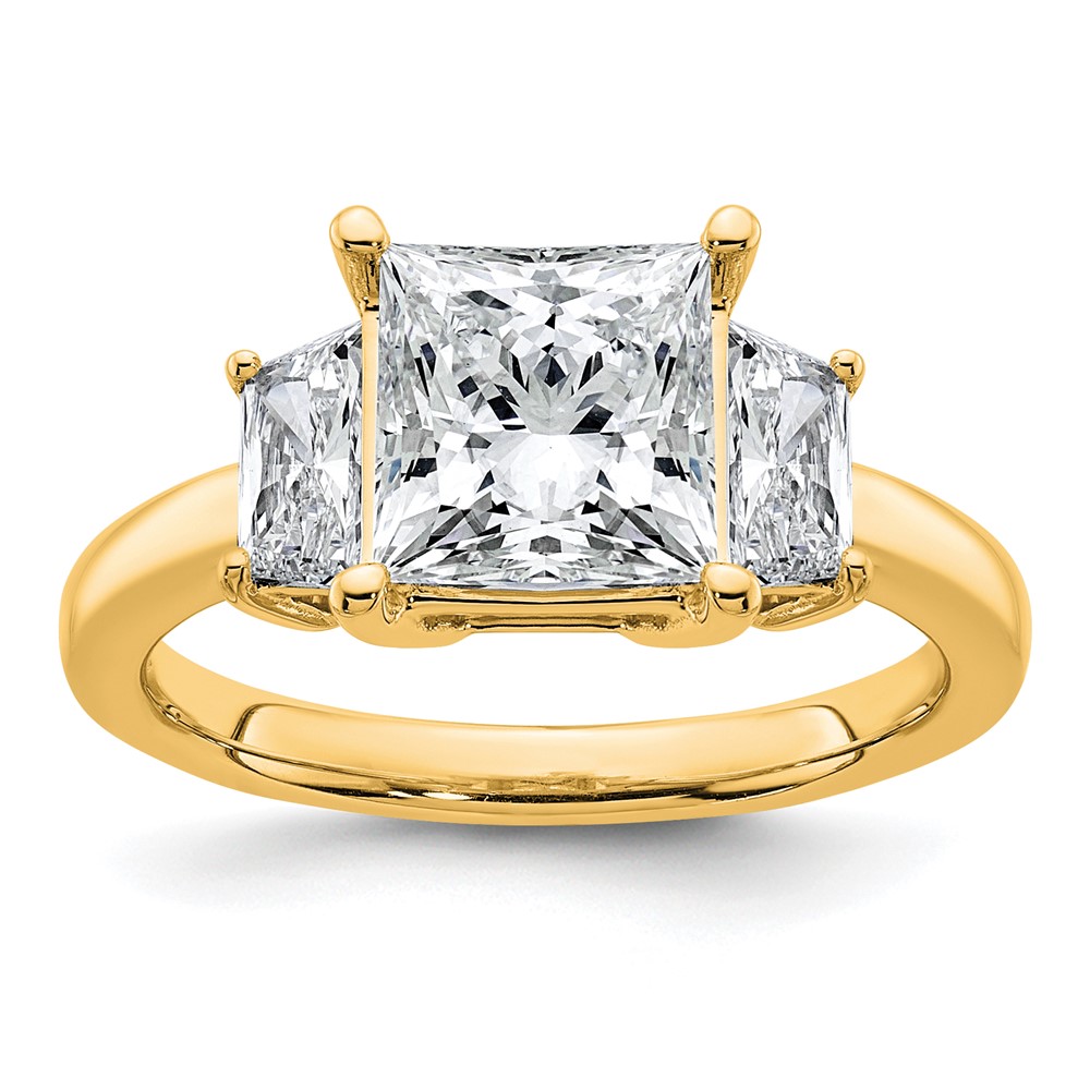 14K Yellow Gold 3.33 Carat Certified Lab Grown Diamond VS+ F+ Princess and Trapezoid Complete Three Stone Engagement Ring